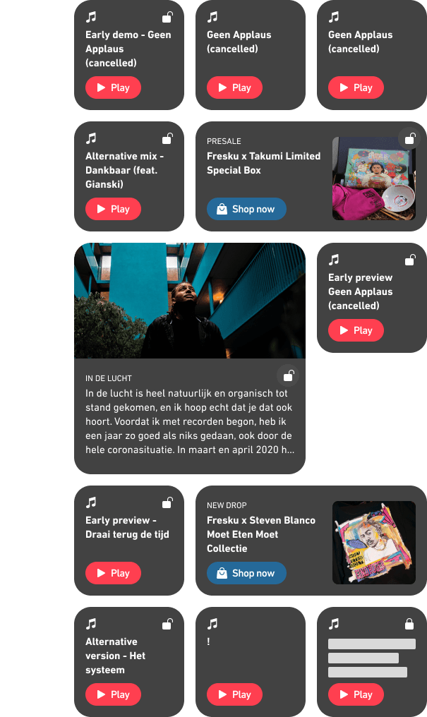 Mobile content grid with music cards, merchandise drops, and locked fan content.