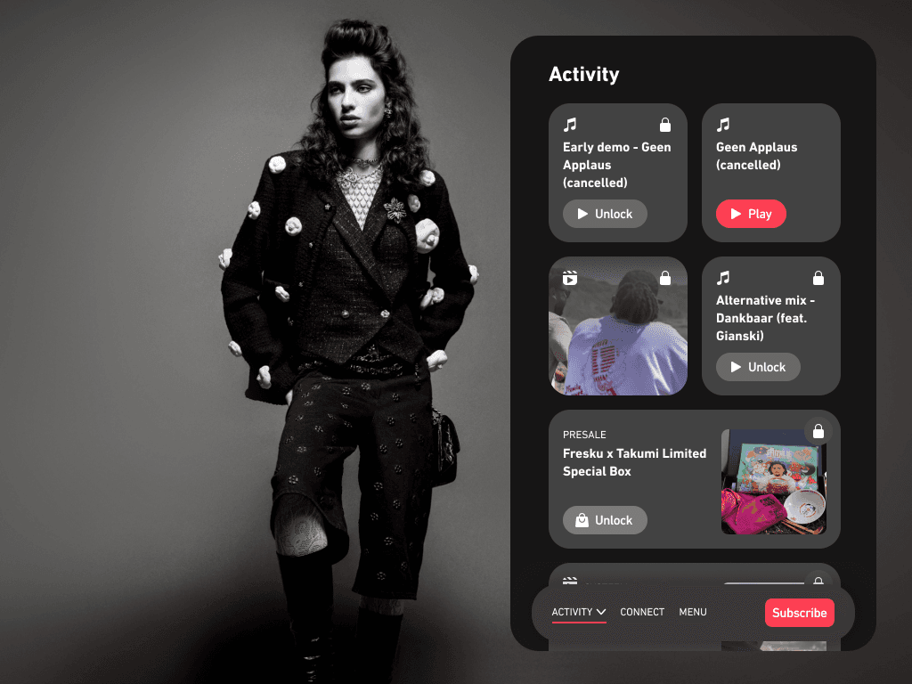 Desktop activity concept with a portrait image and staged music, video, presale, and locked access cards.