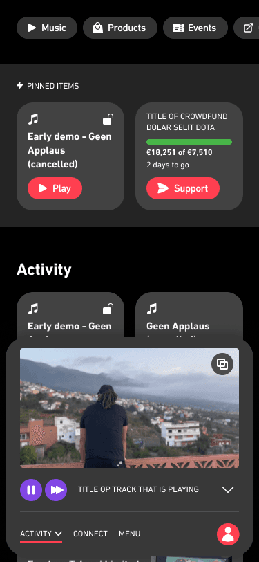 Mobile activity screen focused on a support or crowdfunding card.