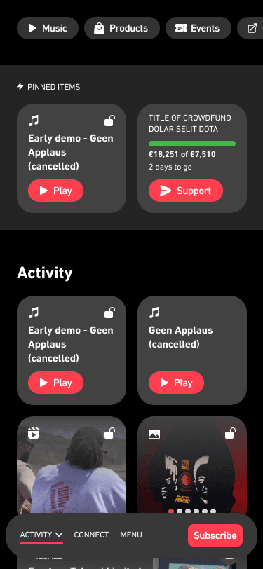 Mobile concept screen with pinned music, support, and activity cards.