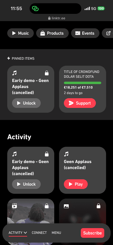 Mobile scroll view with creator content tabs, pinned items, and a subscribe action.