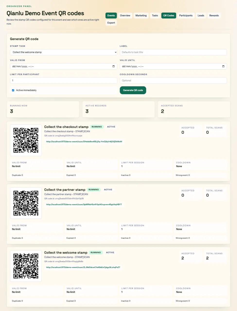 Admin QR code management screen.