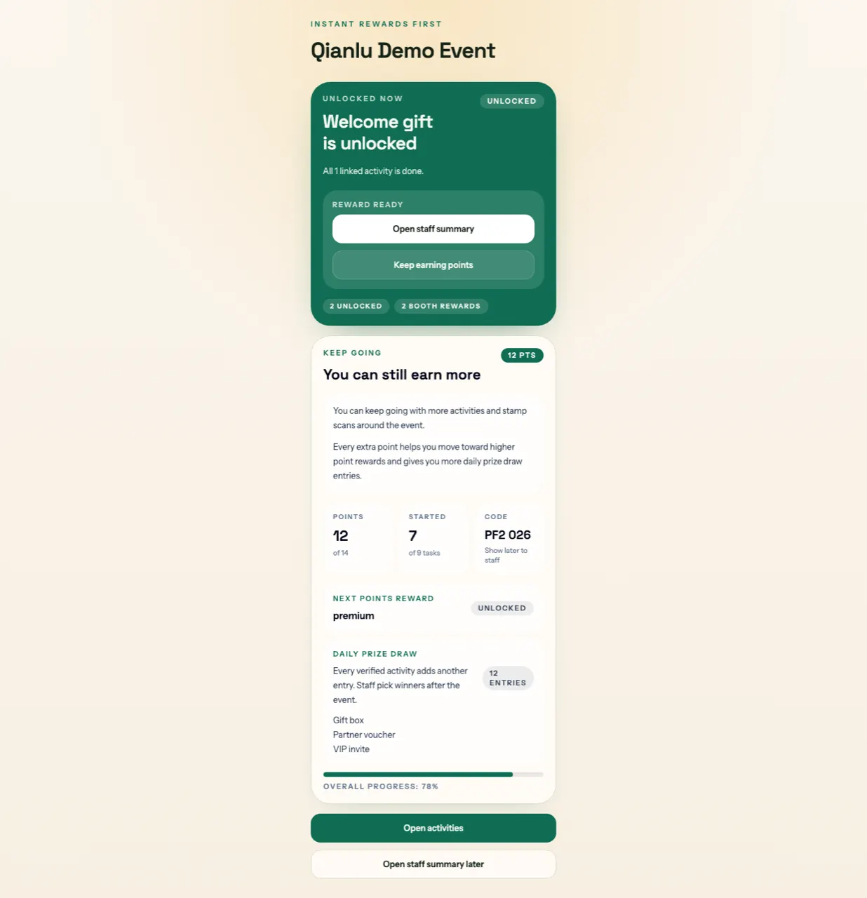 Participant landing flow with QR-driven event tasks.