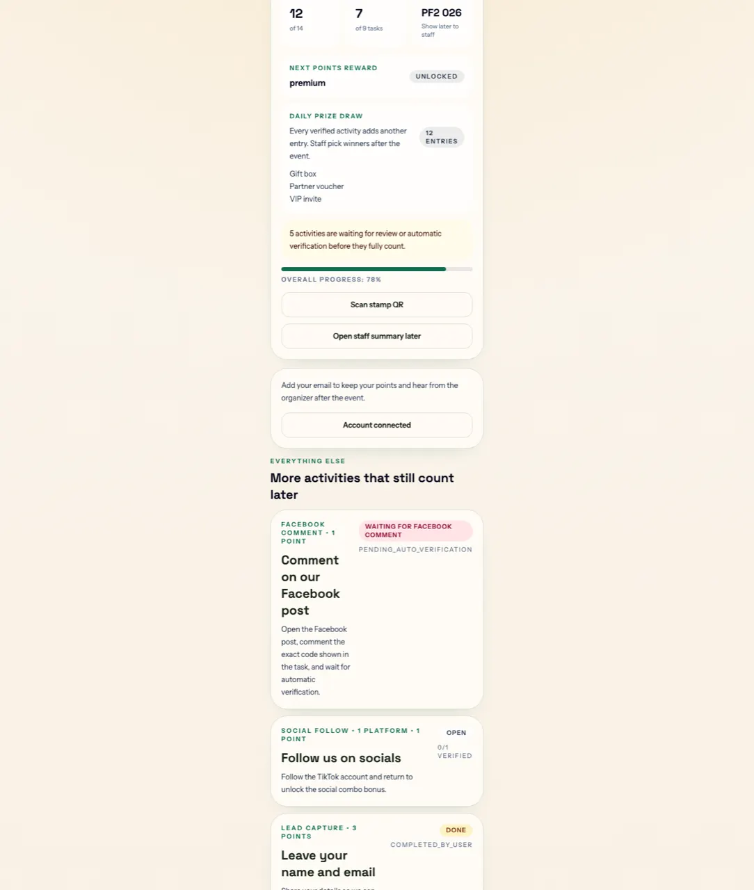 Participant task list with progress and points.