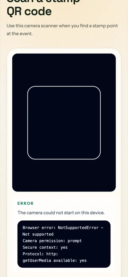 Mobile camera scanner screen for event QR codes.