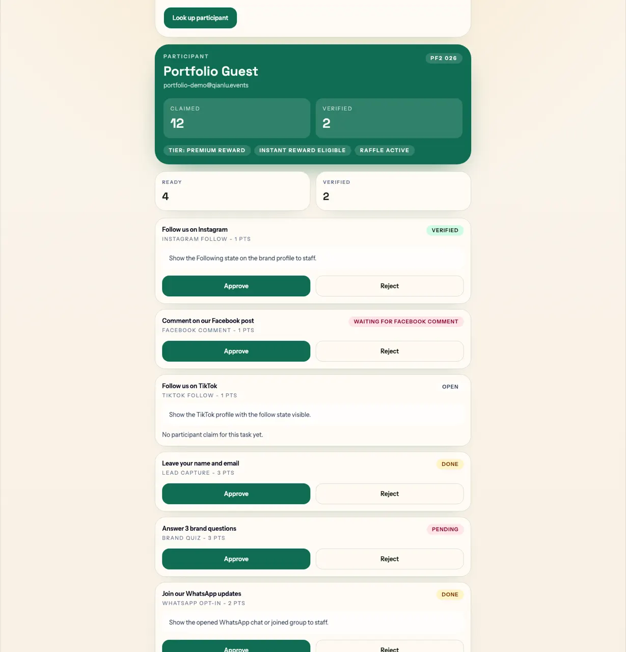 Staff verification screen showing participant progress.