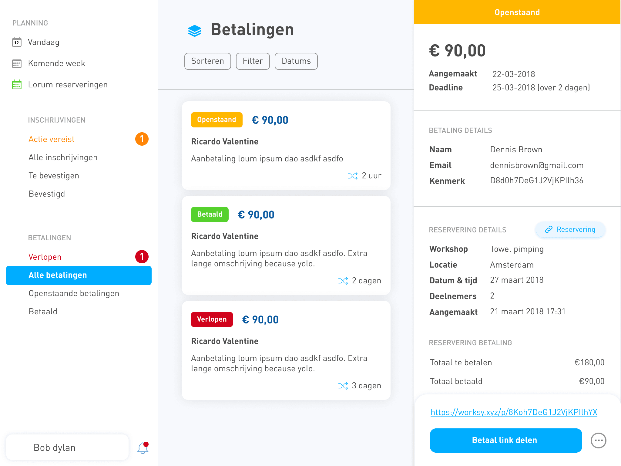 Glem Next payments screen with open, paid, and expired payment states.