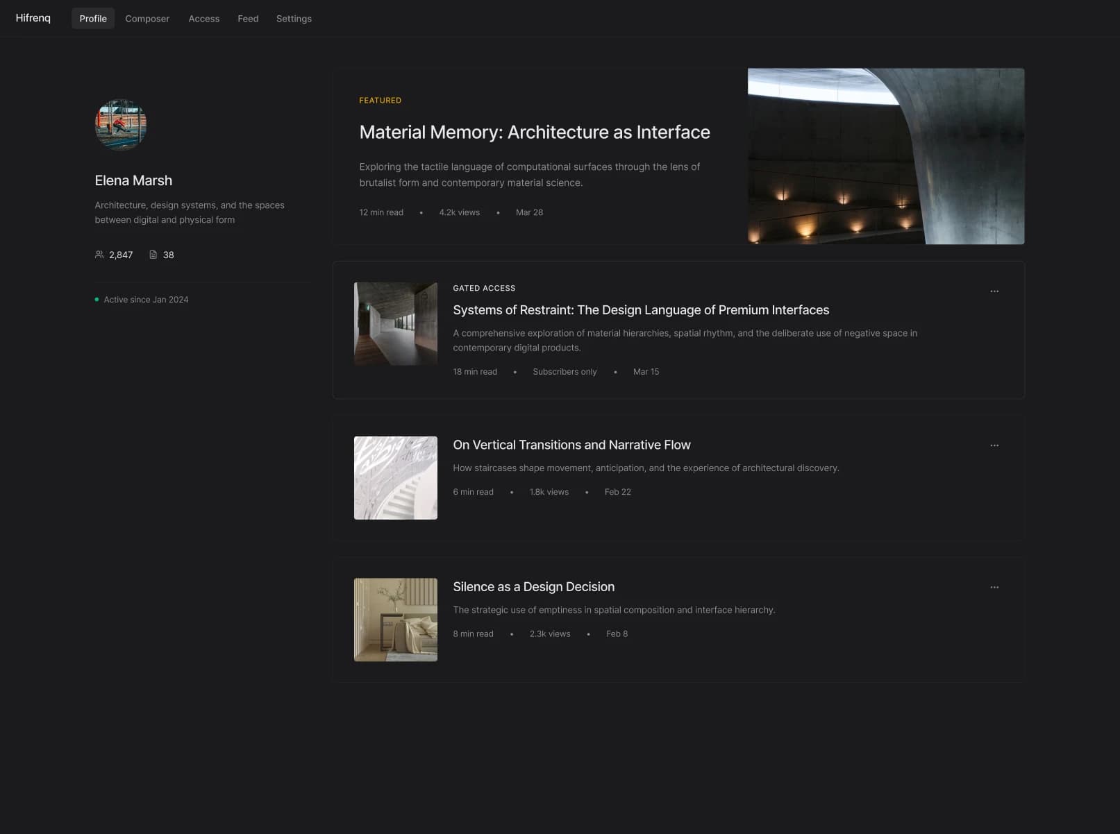 Hifrenq desktop creator profile with featured posts and profile stats.