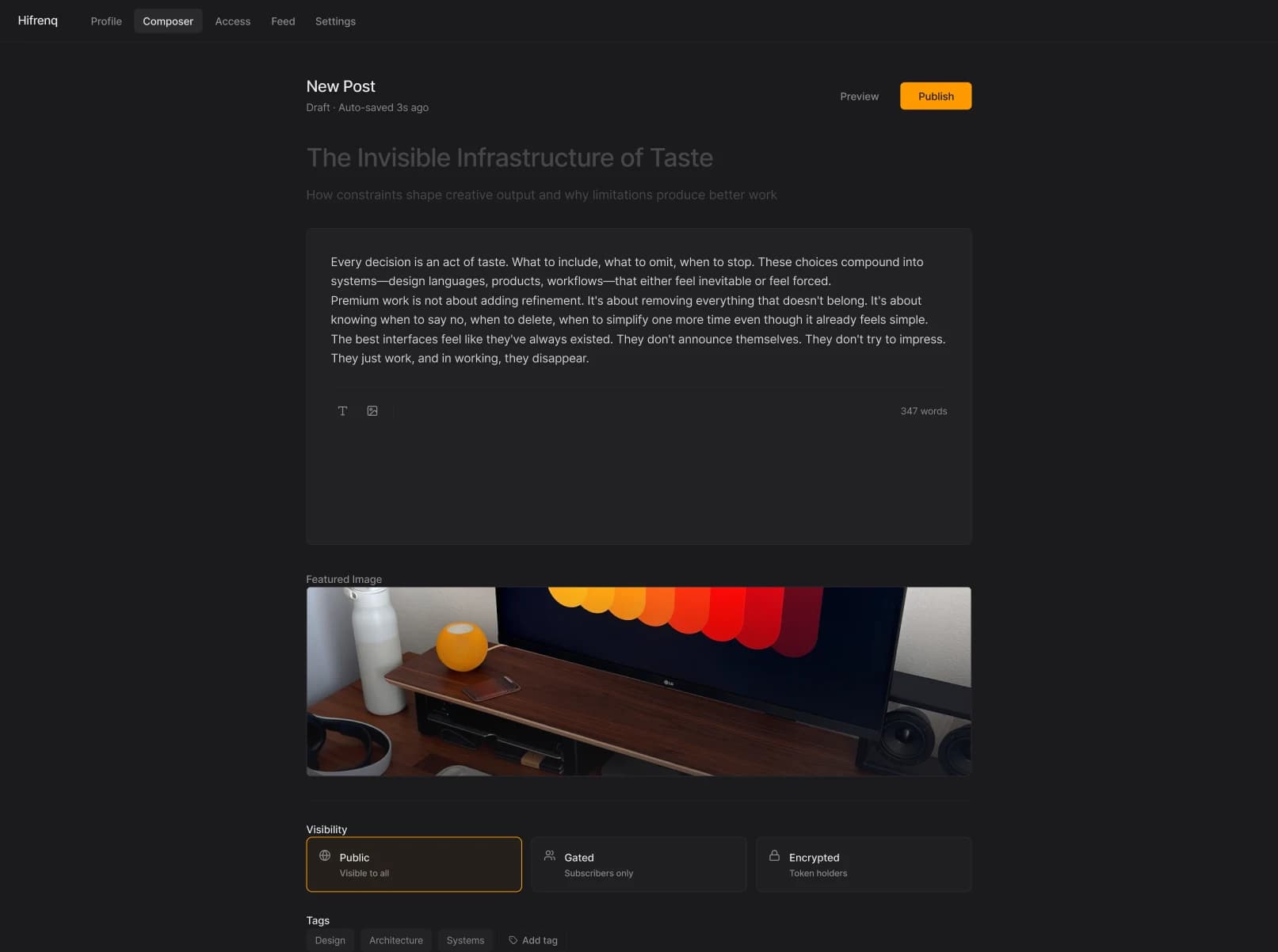 Hifrenq desktop post composer with visibility controls and media upload.