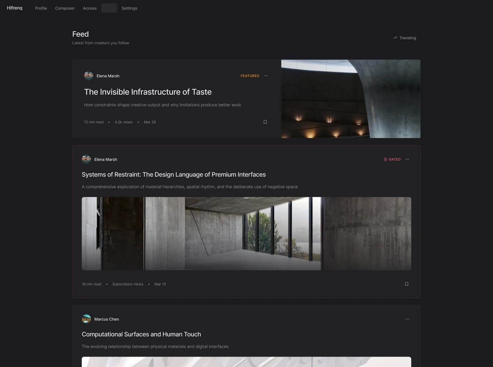 Hifrenq desktop feed with featured and gated creator posts.