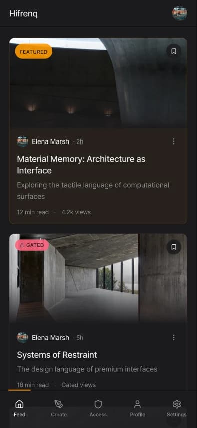 Hifrenq mobile feed with featured and gated post cards.