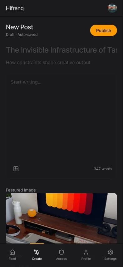 Hifrenq mobile post composer with publish action and media preview.