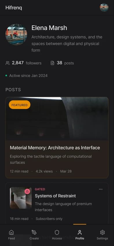 Hifrenq mobile creator profile and post list.