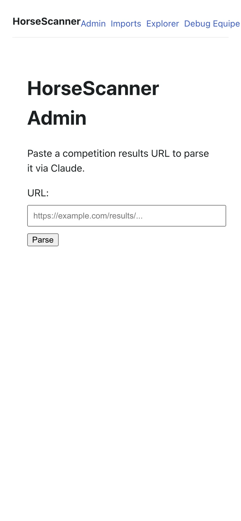 HorseScanner mobile admin view for checking imports and parser status.