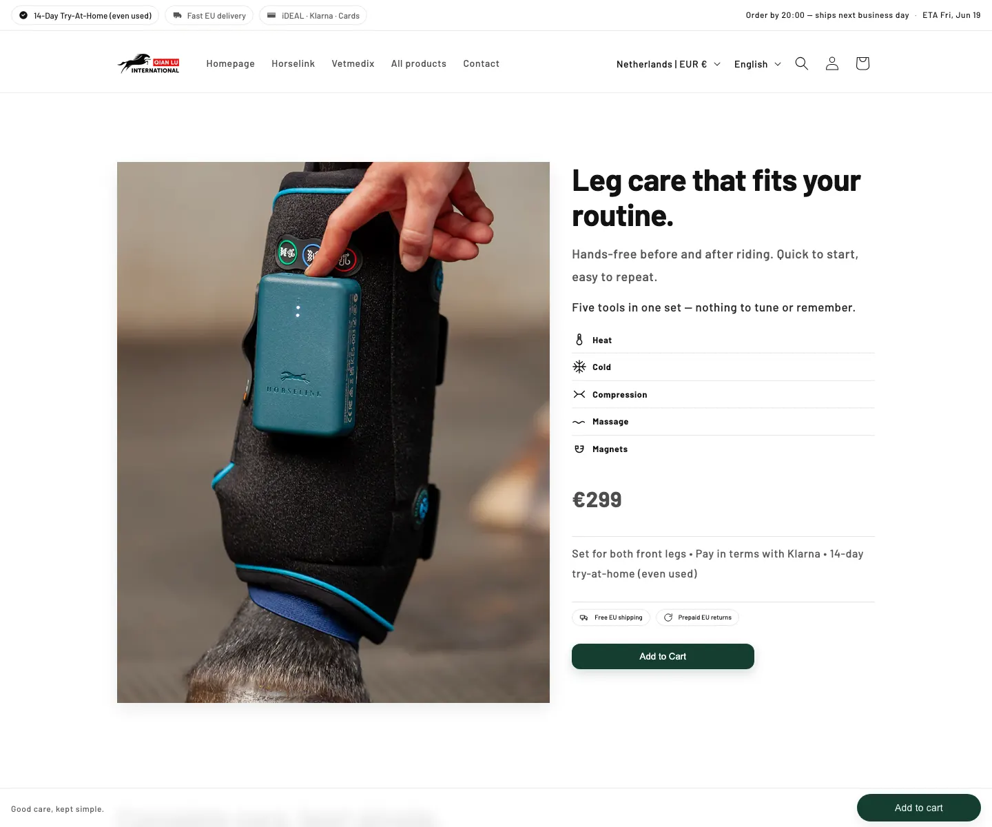 Live HorseLink Shopify product page hero with product image, benefits, price, and add-to-cart.