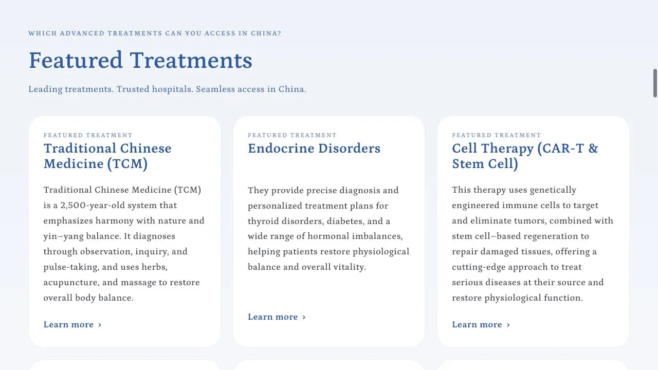 Featured treatments section for Medical Tour To China.