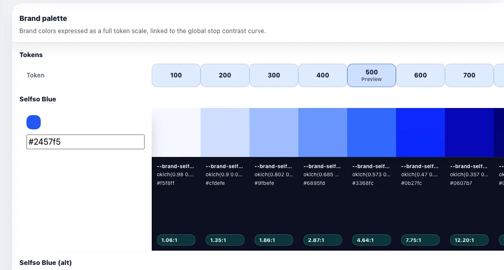 OKLCH palette workbench showing brand color token scales.