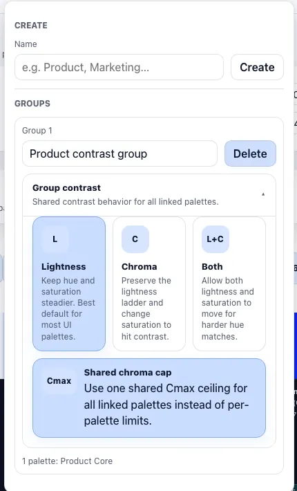 Shared contrast group panel for palette tuning.