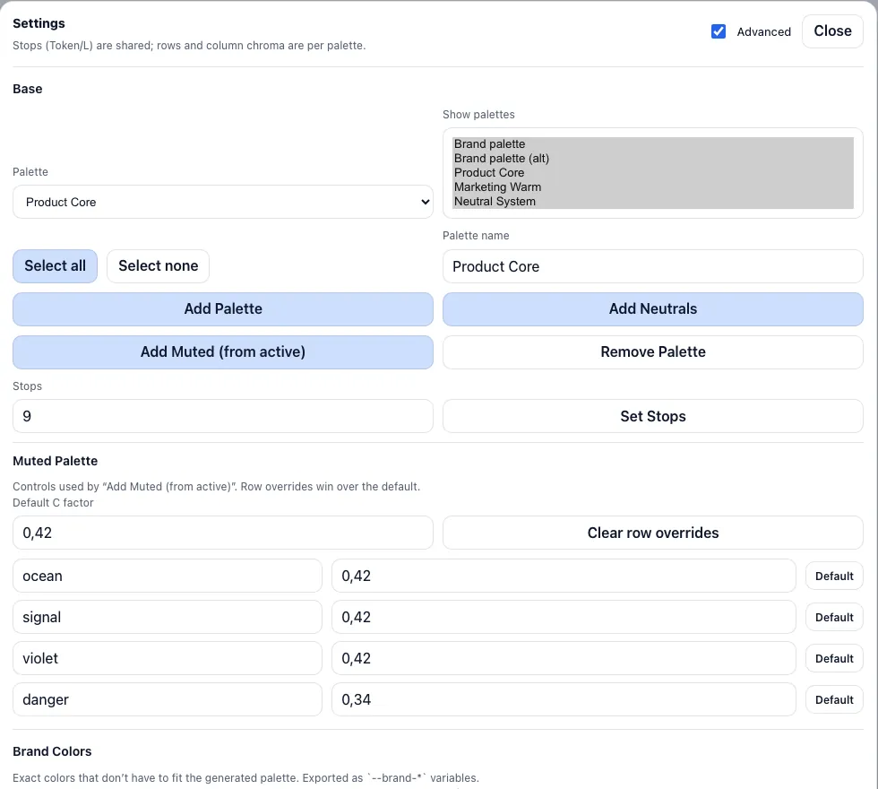 Brand controls and generation settings for palette building.