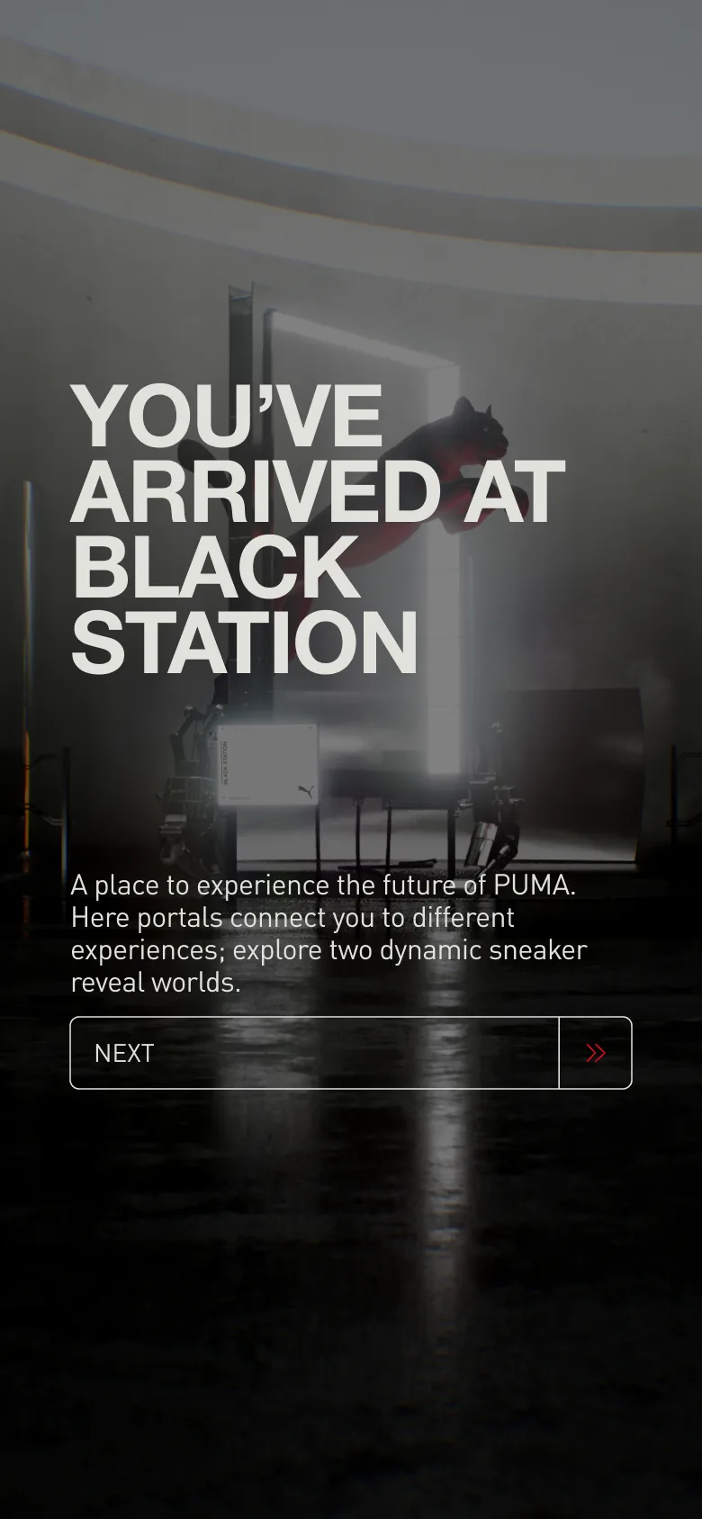 Puma Blackstation prelaunch screen with layered content modules and a guided minting path.
