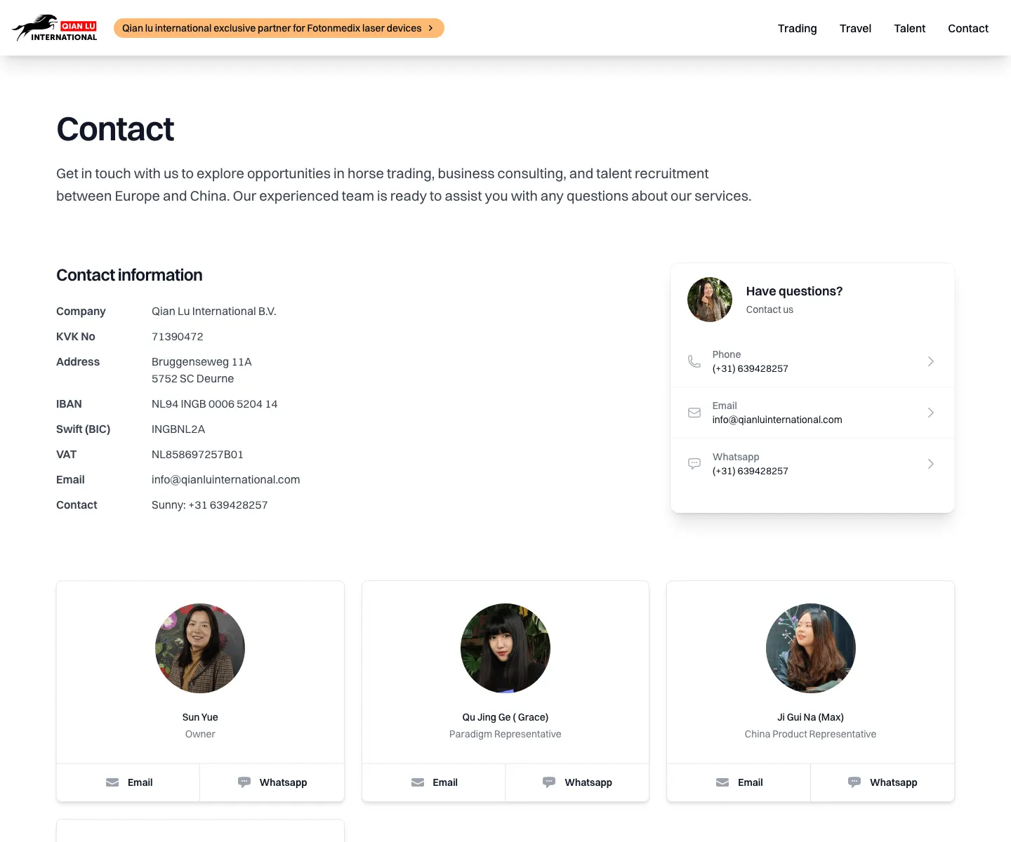 Live Qian Lu International contact page screenshot with practical lead details.