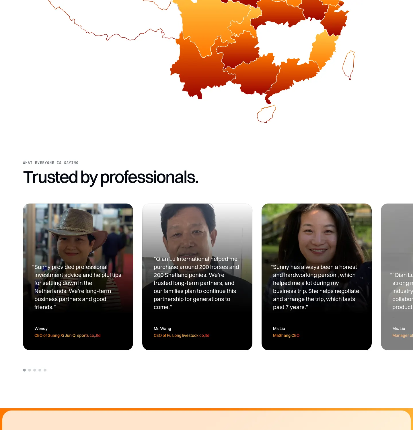 Live Qian Lu International proof section screenshot with testimonials.