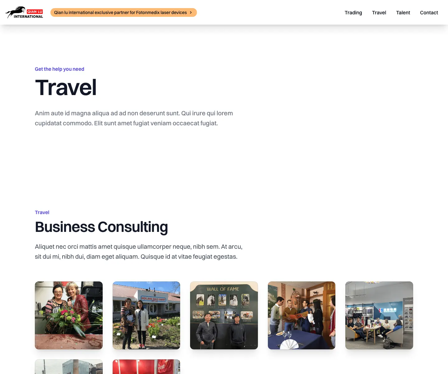 Live Qian Lu International travel service page screenshot.