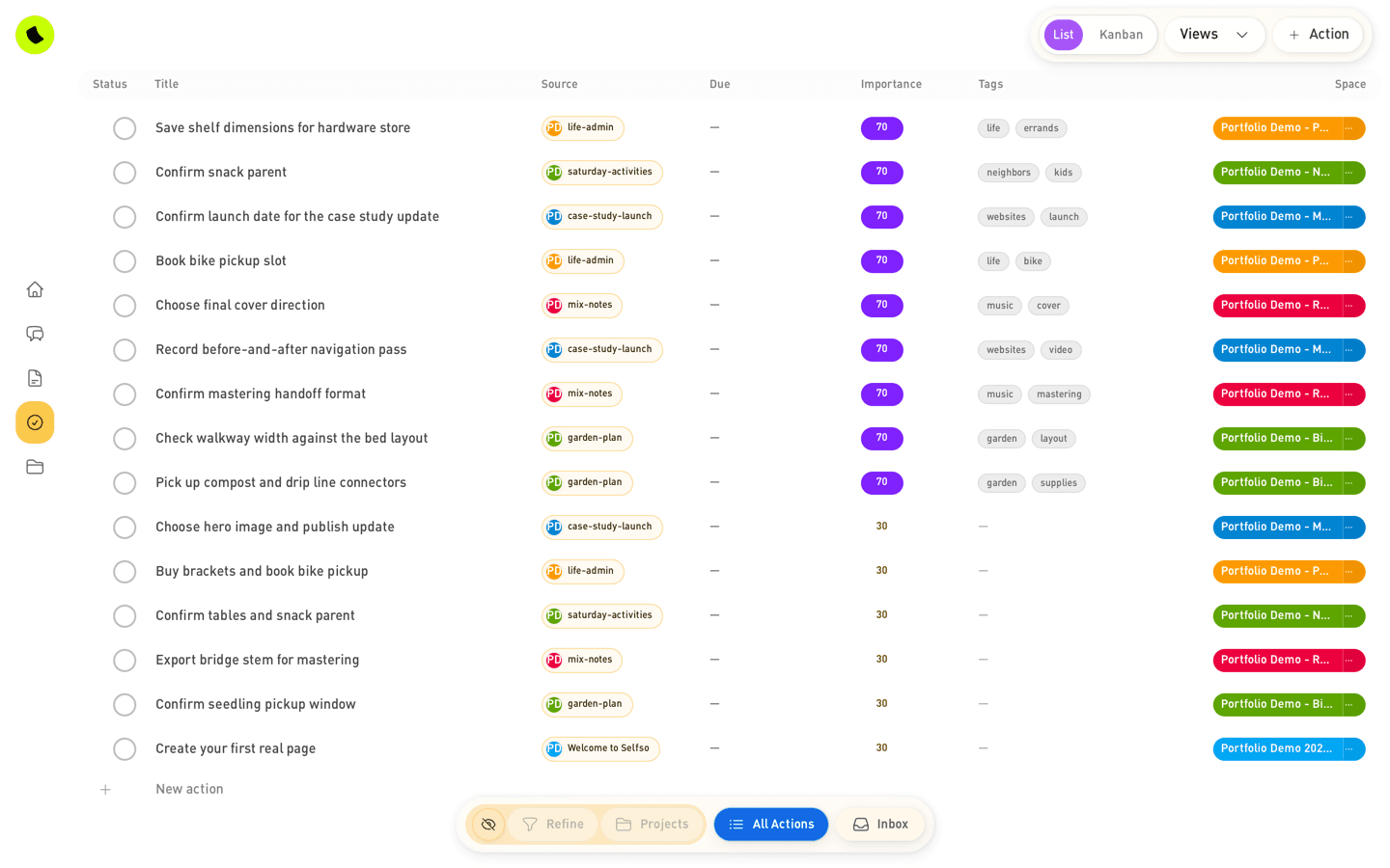 Selfso all-spaces desktop actions view with next steps, owners, status, source context, and right-side detail.