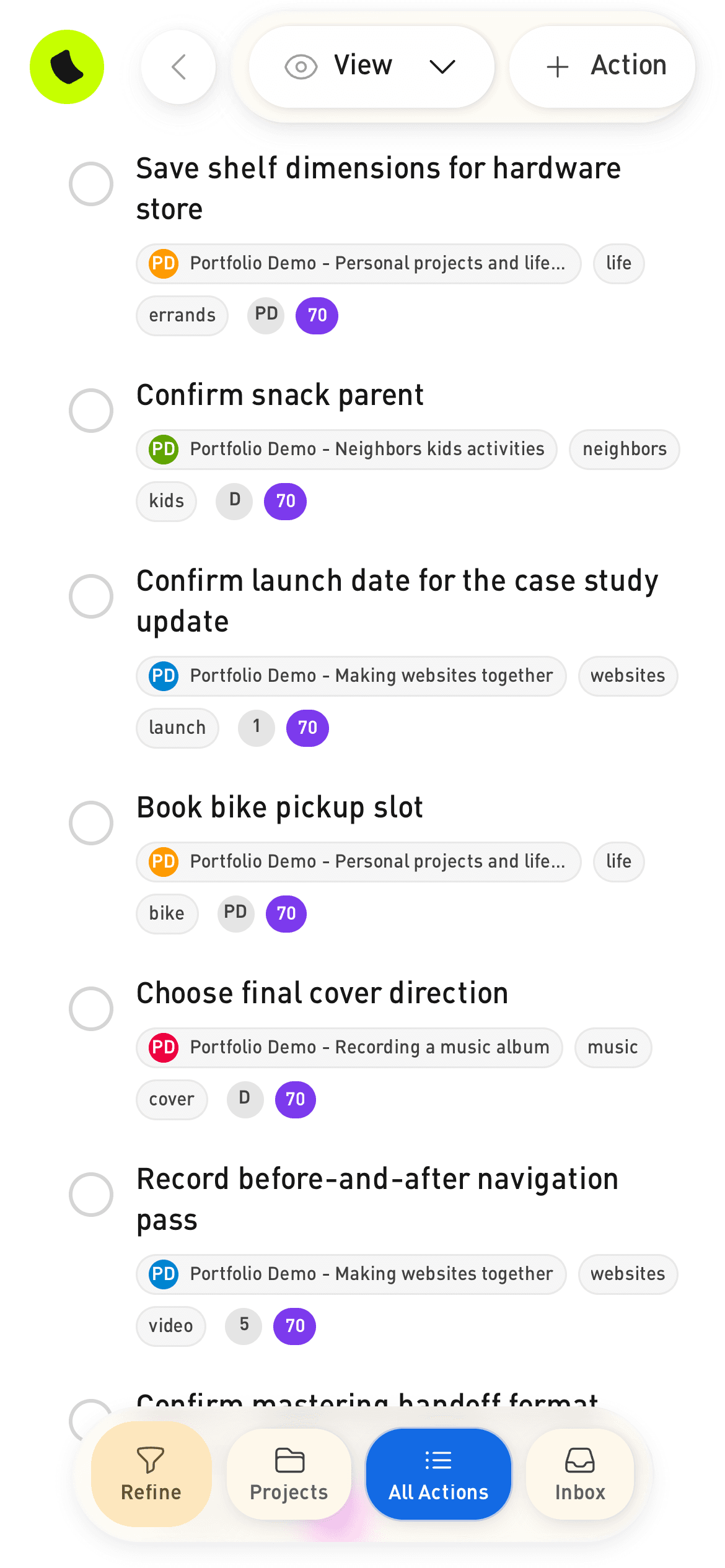 Selfso all-spaces mobile action detail with status controls, owner, source message, and garden space context.