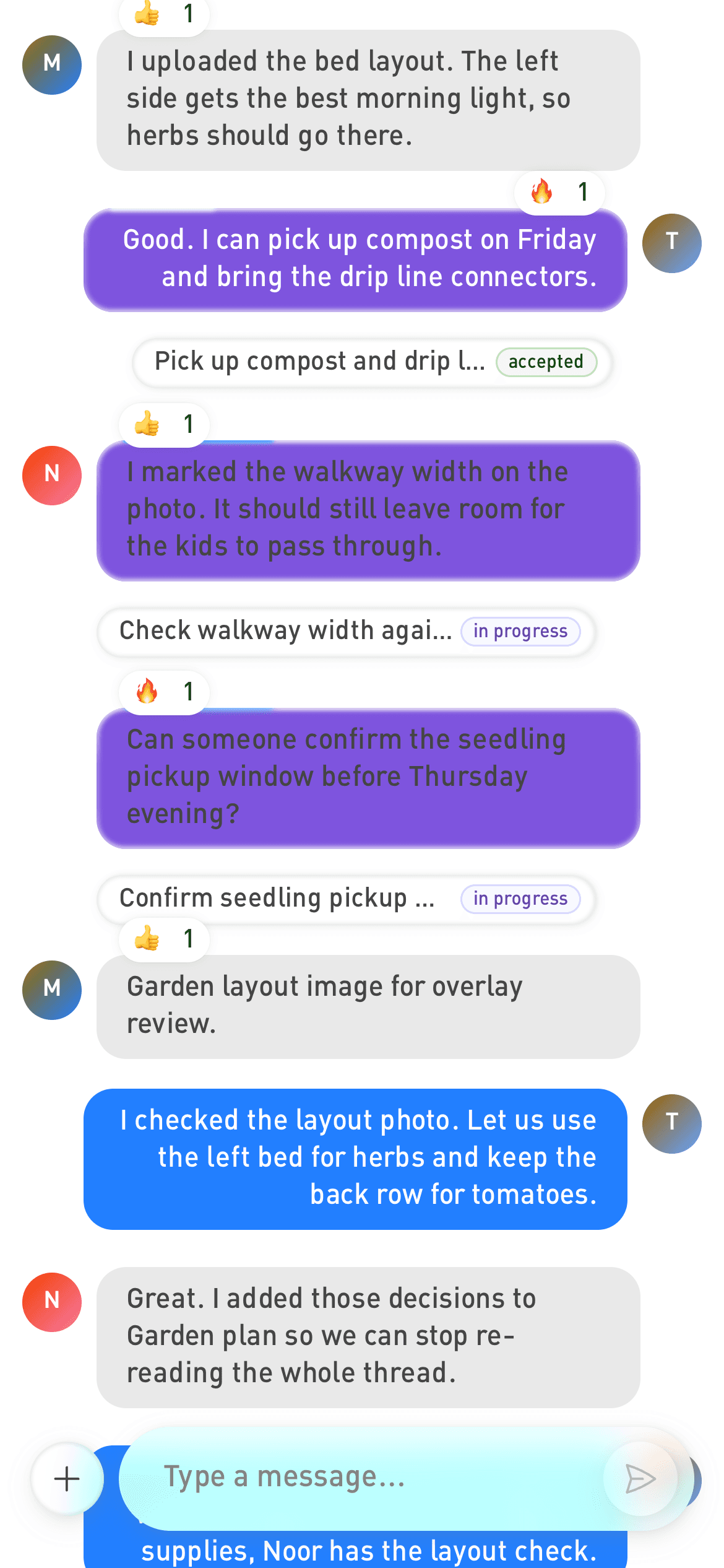 Selfso all-spaces mobile chat route showing the garden thread, composer, reactions, and linked action affordances.
