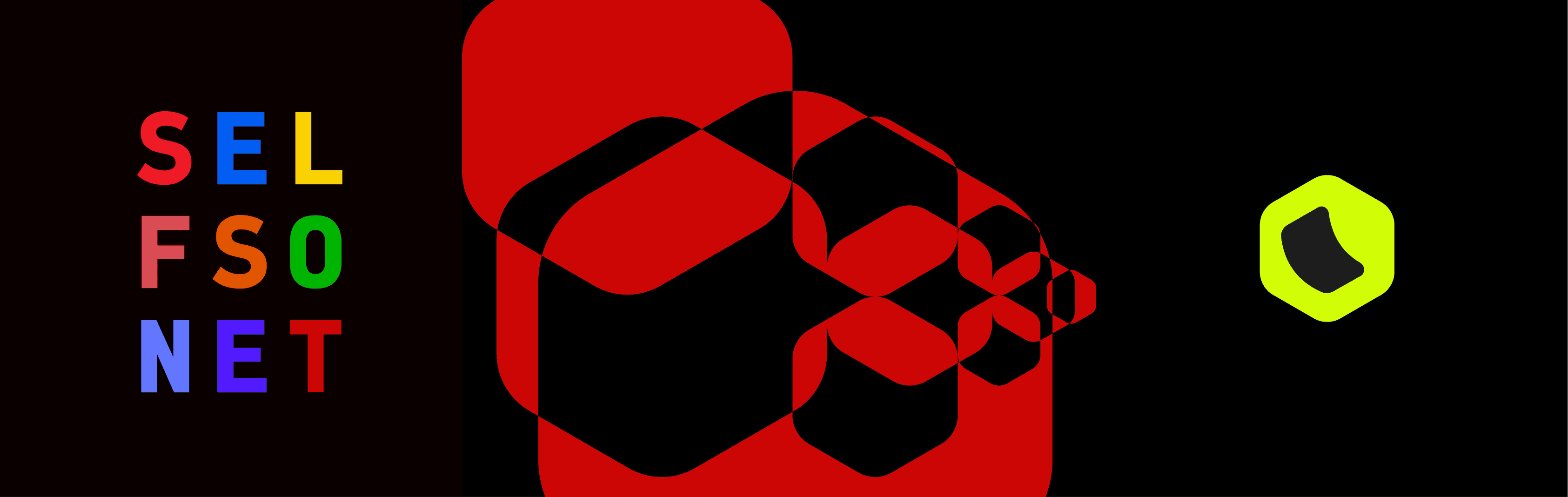 Selfso colorful wordmark, connected identity shape, and neon product mark.