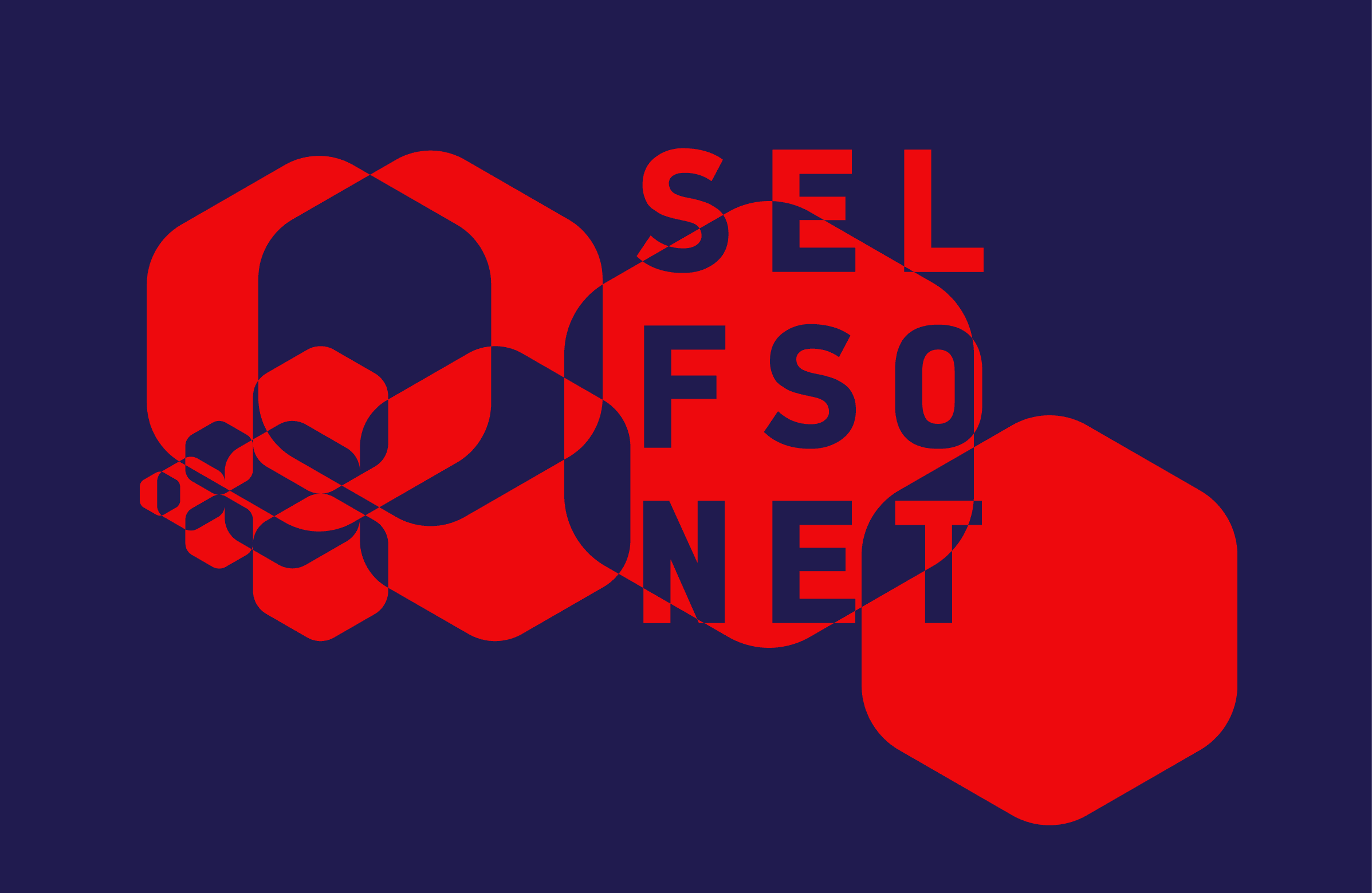 Selfso red connected identity composition over a deep blue background.