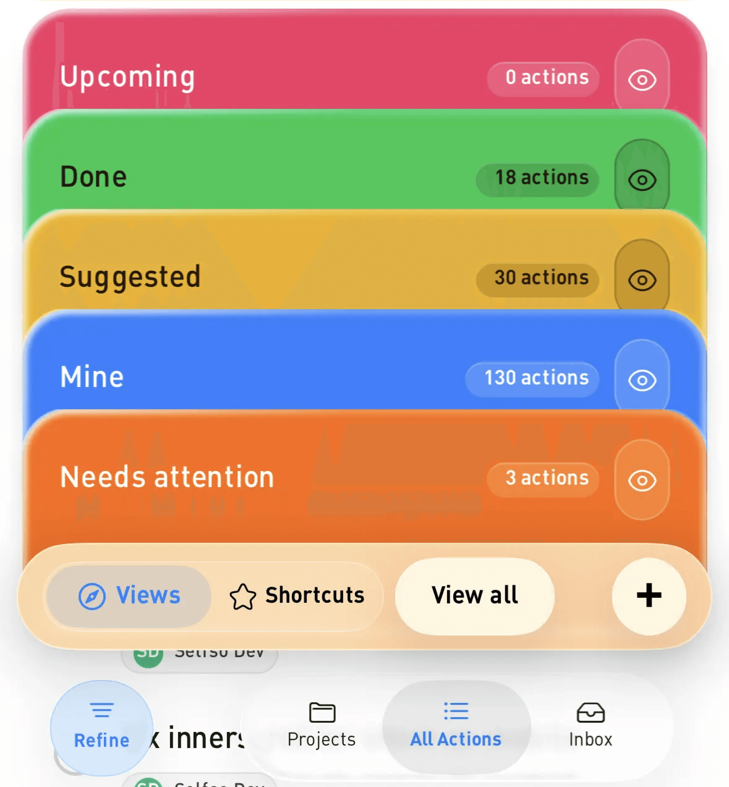 Selfso mobile action views stacked in colorful layers with action counts and bottom navigation.