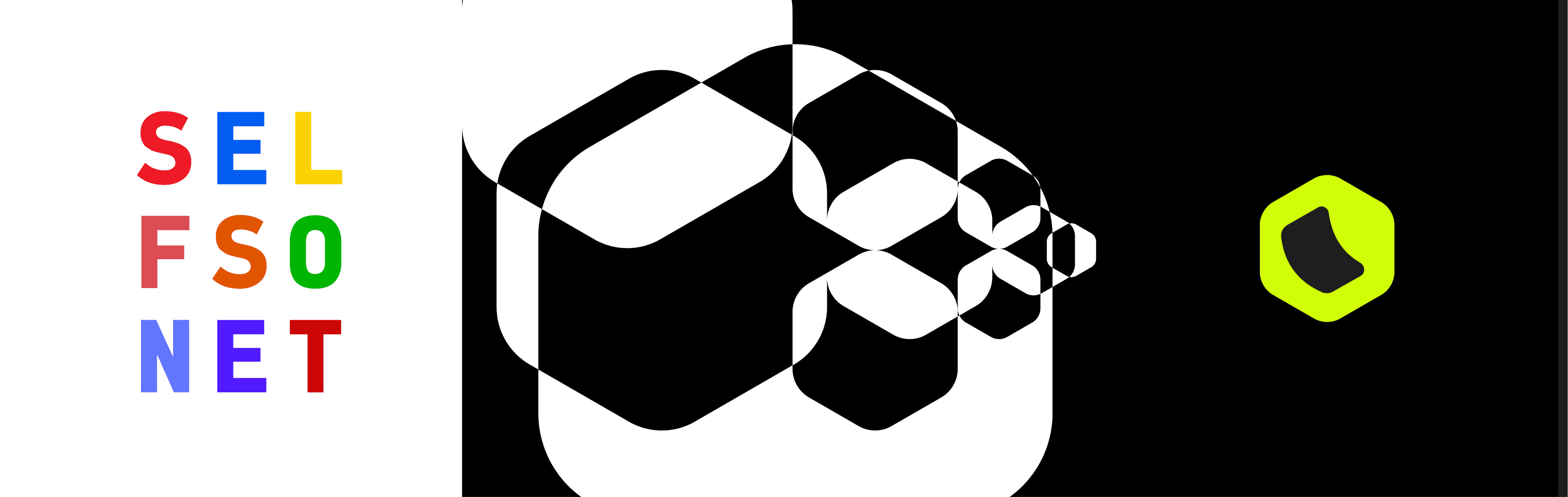 Selfso colorful network identity lockup over a deep dark background.